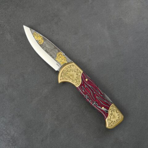 El Yapımı Altın Çakı - Çift Balçak Mescid-i Aksa Figürlü Kırmızı