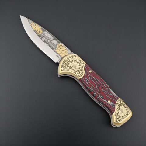 El Yapımı Altın Çakı - Çift Balçak Mescid-i Aksa Figürlü Kırmızı