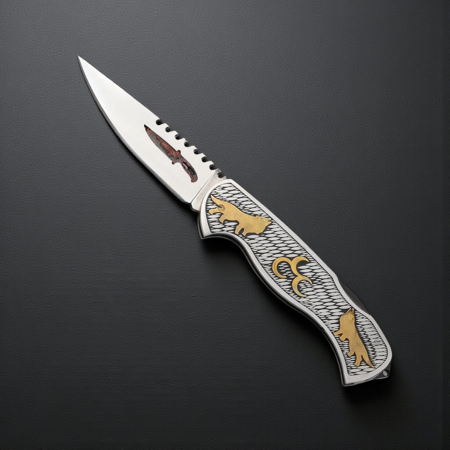 El Yapımı Çakı Kurt ve 3 Hilal İşlemeli - M398