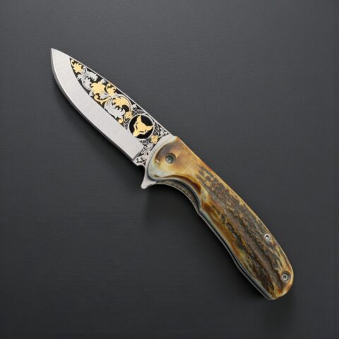 El Yapımı Kurt İşlemeli Çakı Geyik Boynuzu Kabza