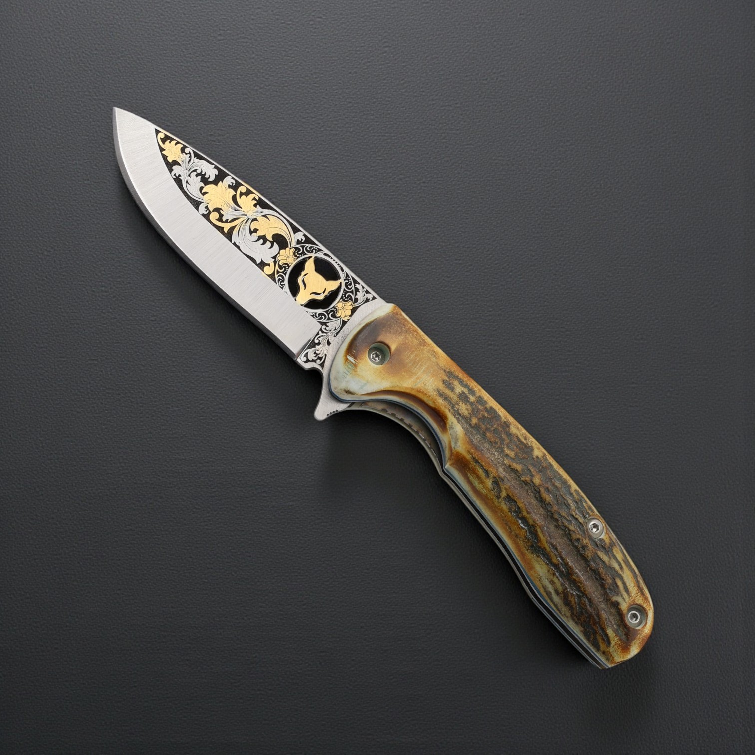 El Yapımı Kurt İşlemeli Çakı Geyik Boynuzu Kabza