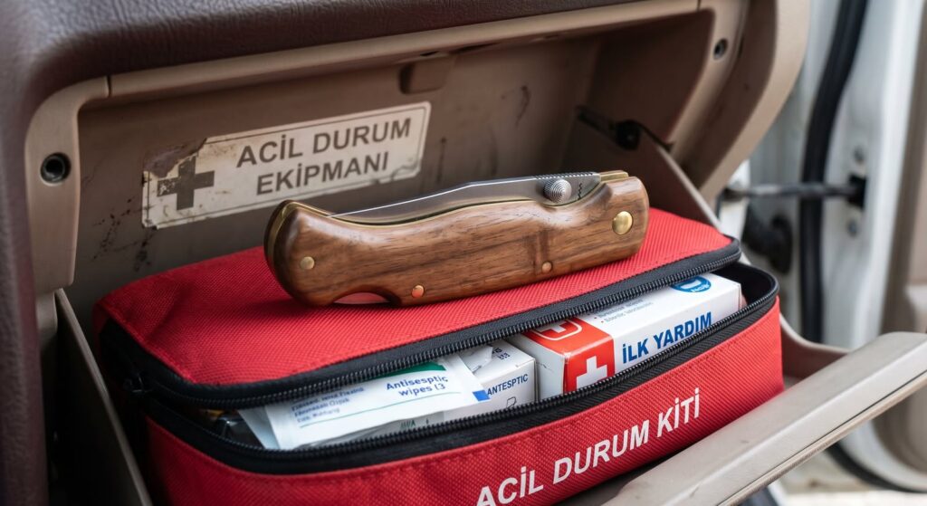 Acil durumlar için arabada bulundurulan güvenlik kilitli katlanır çakı