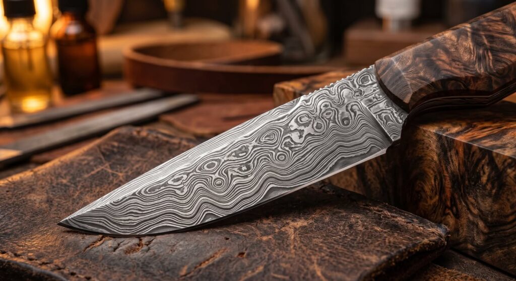 Damascus çeliğinin kendine has dalgalı desenleri ve katmanları.