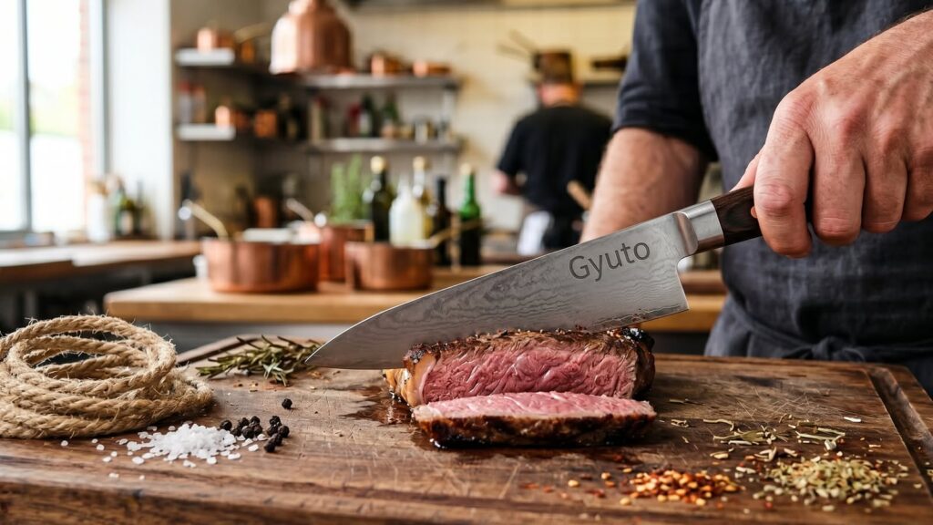 Gyuto şef bıçağı ile ahşap tahtada dinlenmiş et dilimleme anı
