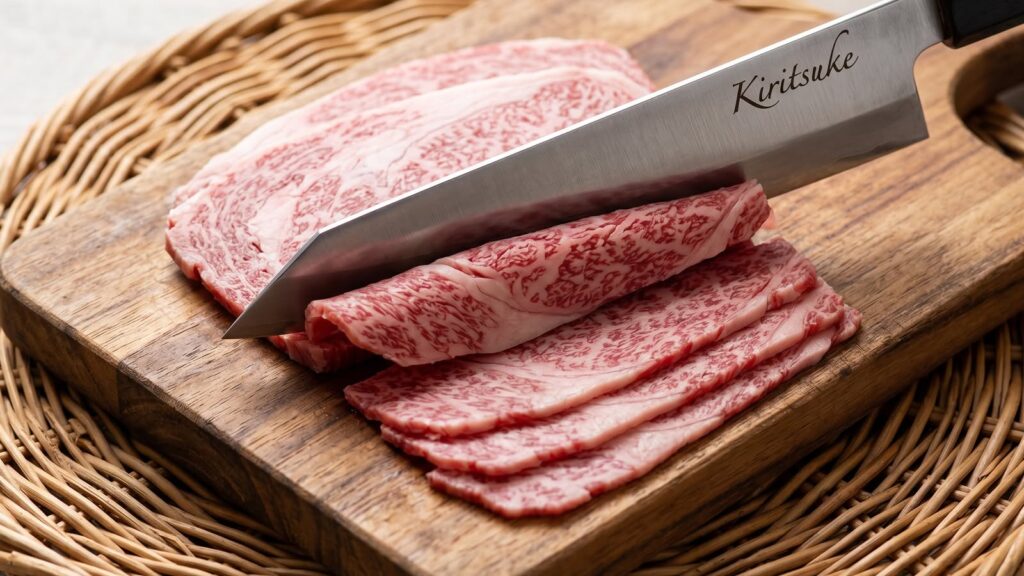 Kiritsuke şef bıçağı ile ahşap tahtada premium wagyu eti dilimleme.