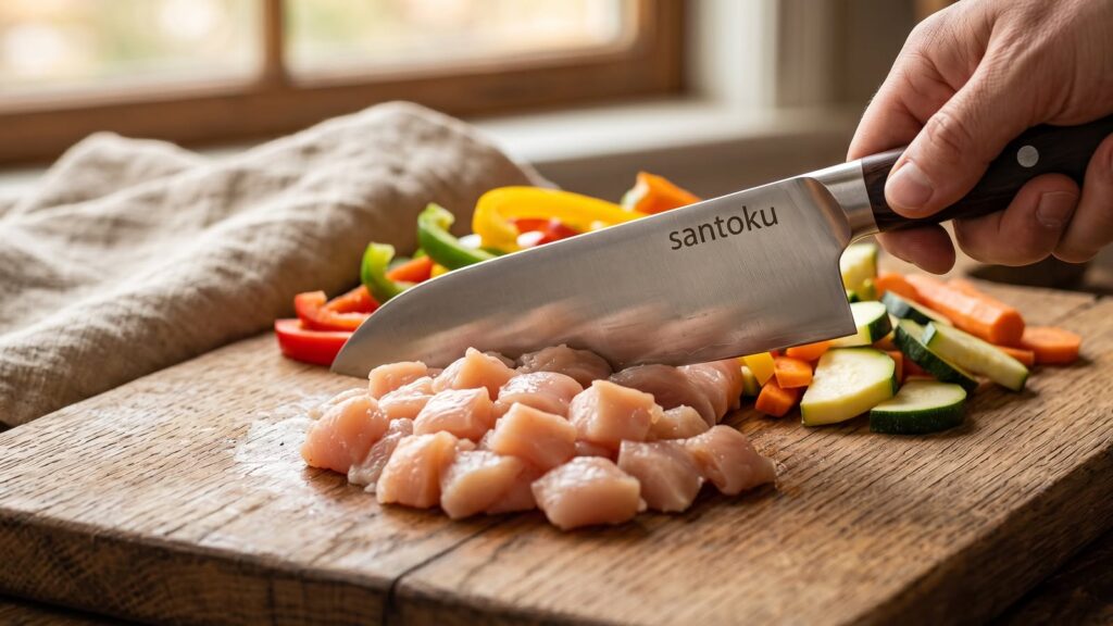 Santoku şef bıçağı ile ahşap tahtada taze sebze ve beyaz et kesimi.