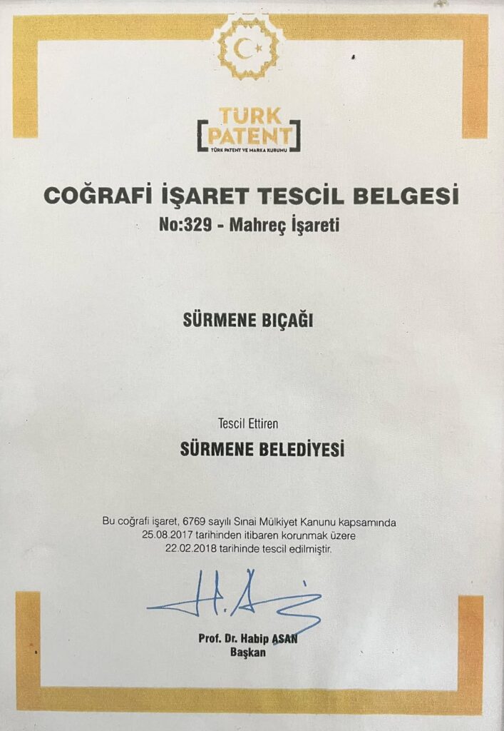 Sürmene bıçağı coğrafi işaret tescil belgesi.