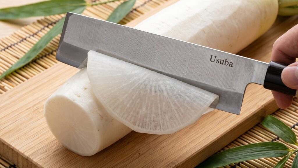 Usuba şef bıçağı ile bambu kesme tahtasında ince turp dilimleme.