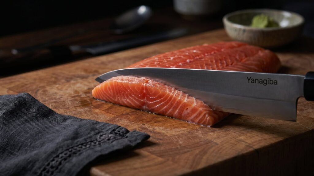 Yanagiba şef bıçağı ile ahşap blok üzerinde çiğ somon sashimi hazırlığı.