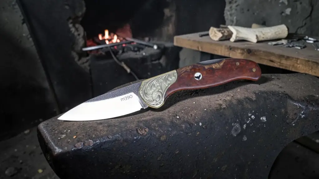 Ahşap yüzey üzerinde premium M390 çakı