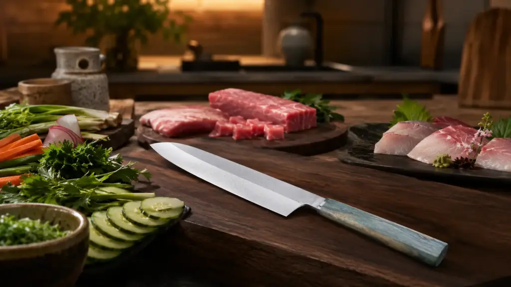 Santoku şef bıçağı ile et balık ve sebze kesimi